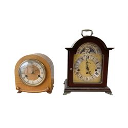 20th century- Hermle 8-day moon phase three train bracket clock, with a brass dial and sub...