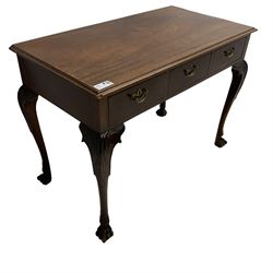 Late 19th century mahogany side table, moulded rectangular top over three drawers, pierced brass handle plates with swan neck handles, on acanthus carved cabriole supports with paw carved feet