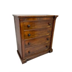 Victorian mahogany straight fronted chest, fitted with four drawers enclosing by square upright pilasters, on stepped chamfered plinth base