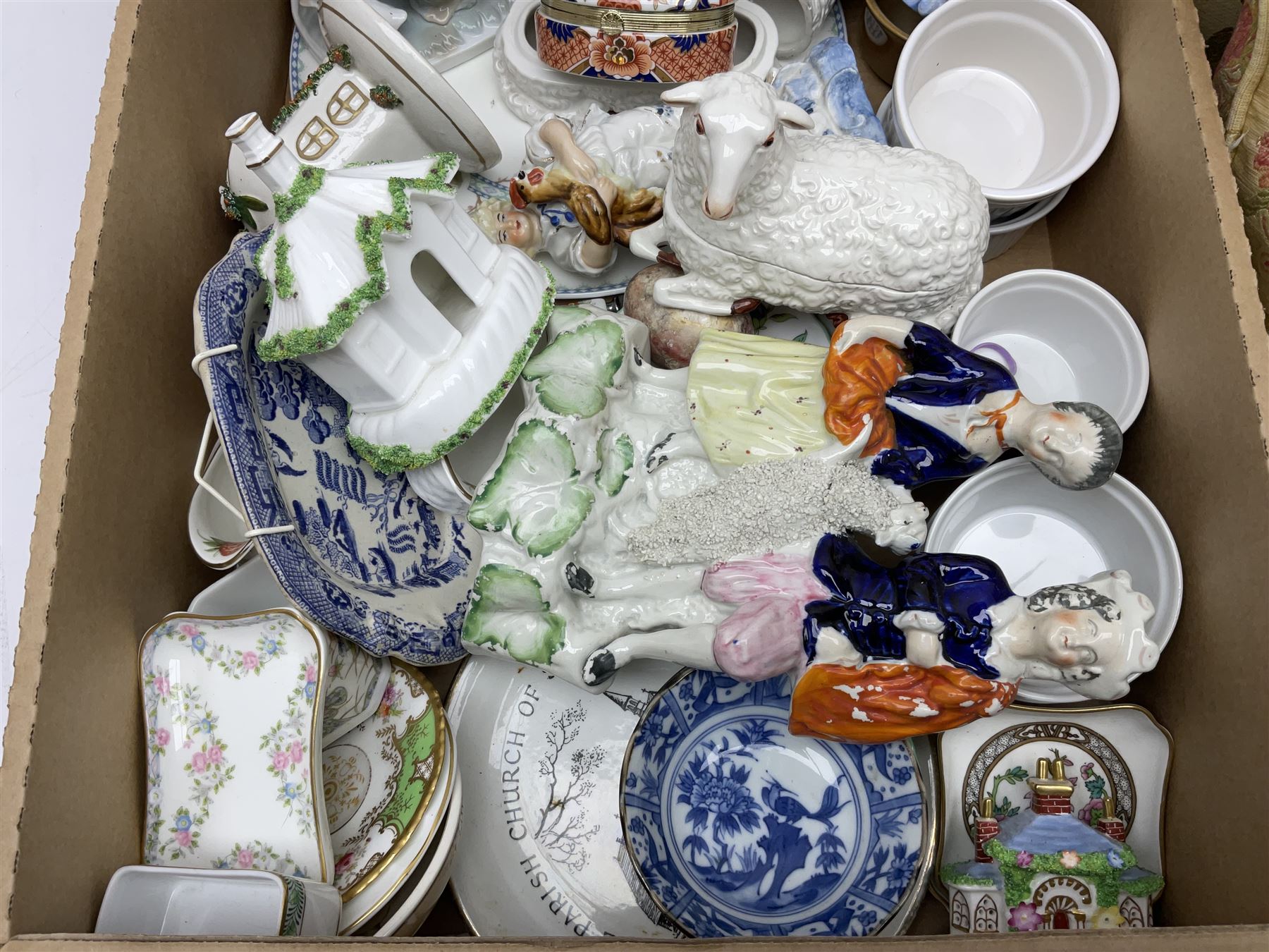 Coalport Strawberry basket, together with two Coalport cottages, Minton Haddon Hall trinket dish and other ceramics 