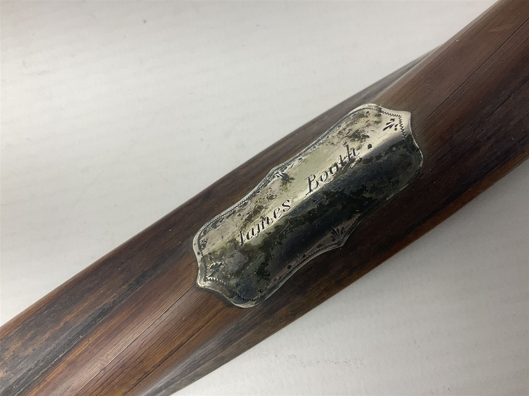 Twisted hardwood walking stick, mounted with silver cap and cartouche engraved James Booth, H88cm