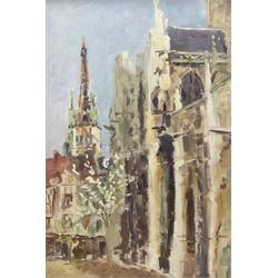 Catherine Tyler (British 1949-): 'Rouen Cathedral from St Maclou Church', oil on panel signed and dated '96, titled verso 47cm x 32cm