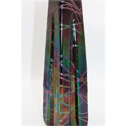 Austrian Art Nouveau Pallme-Konig vase, the tapering iridescent black glass body, with irregular matt thread decoration, H27cm
