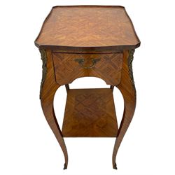 Late 20th century French design Kingwood lamp table, shaped form with geometric parquetry inlaid top within band and raised lip, fitted with single drawer and slide, on cabriole supports united by undertier, decorated with ornate cast gilt metal mounts and terminal caps 