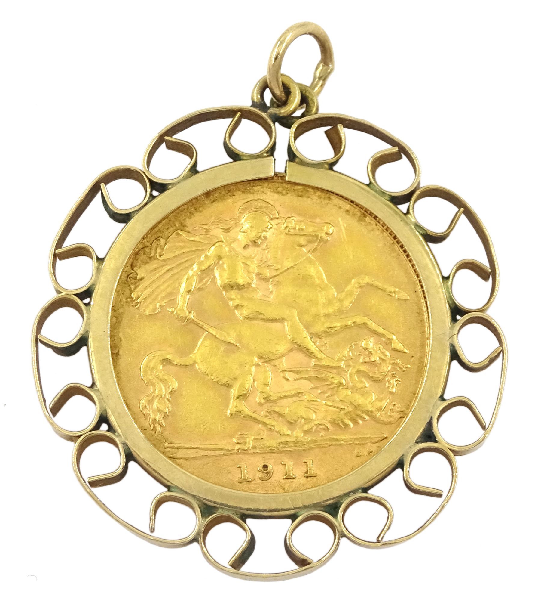 King George V 1911 gold half sovereign coin, loose mounted in 9ct gold pendant, hallmarked