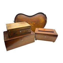 Three 19th century wooden boxes, to include a sewing box of sarcophagus form upon compressed bun feet, plus a mahogany twin handled kidney shaped tray, in one box