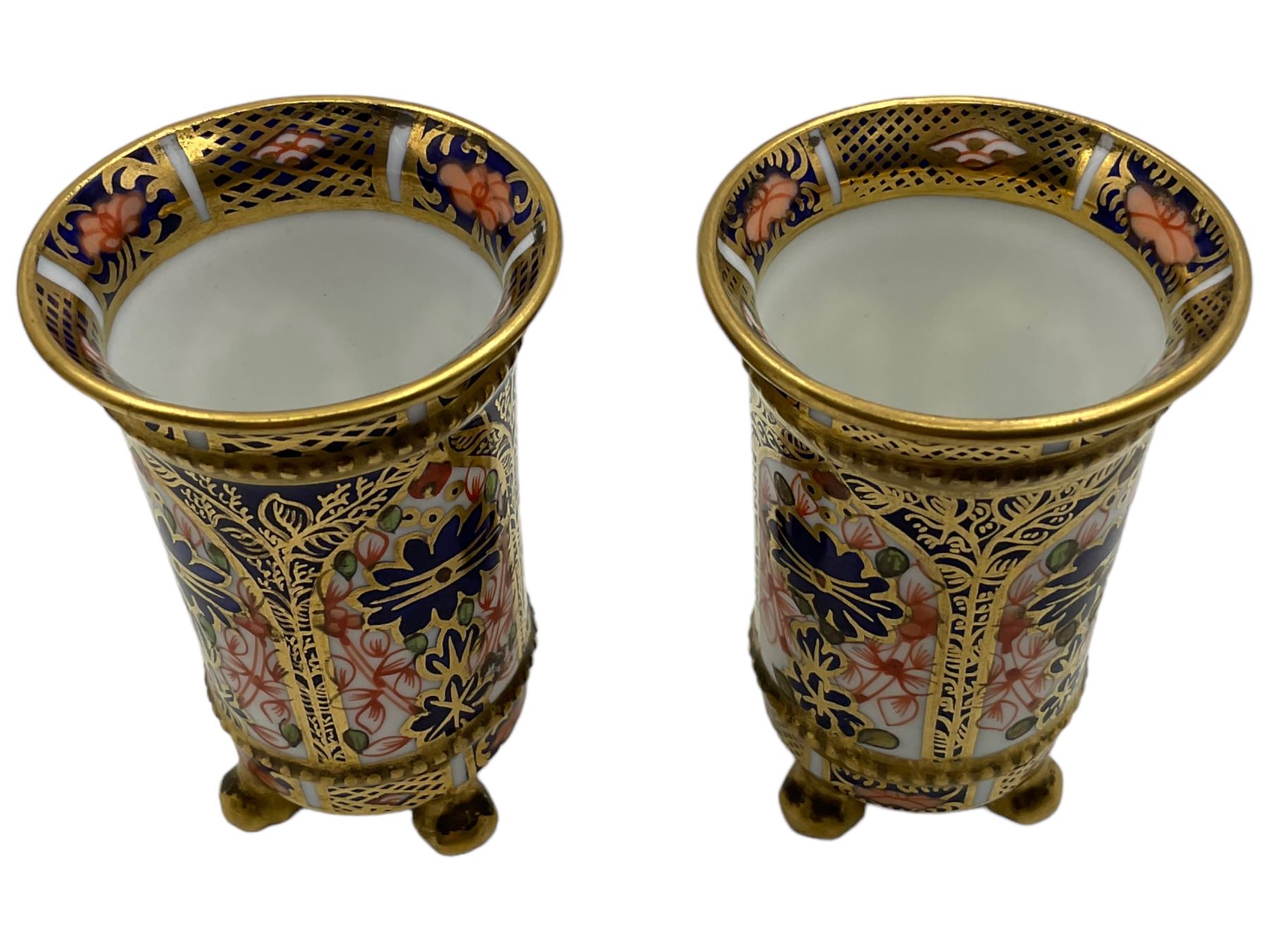 Pair of Royal Crown Derby 1128 Imari pattern miniature spill vases, H7cm