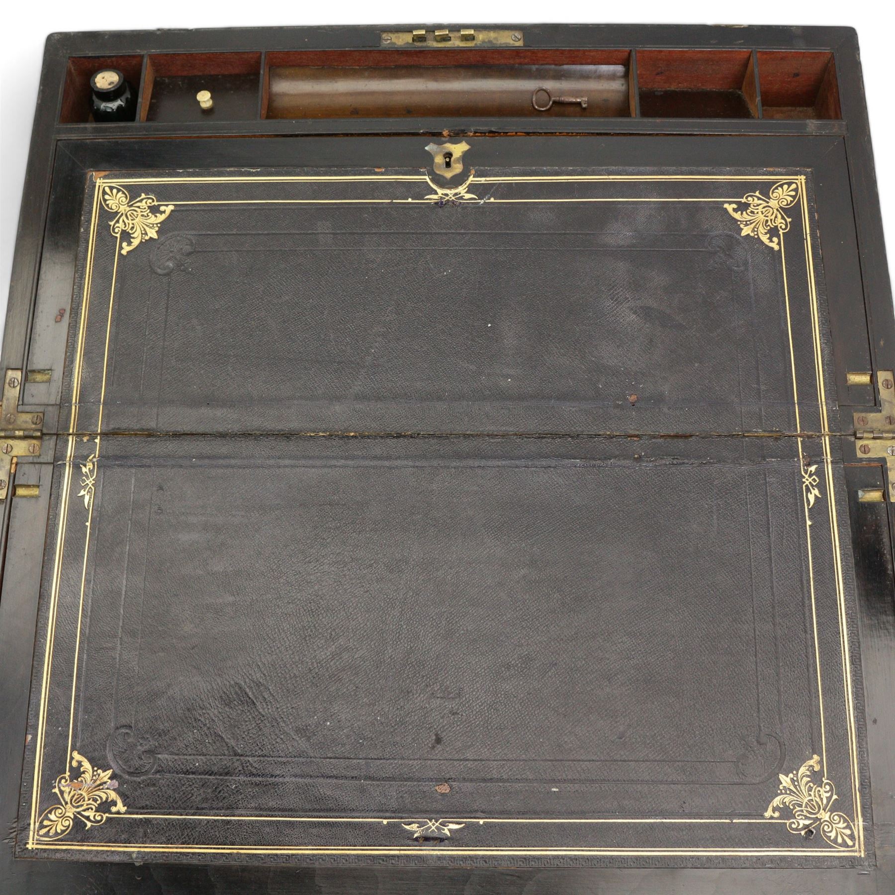 19th figured walnut and brass bound writing slope, the hinged cover opening to reveal a tooled black leather writing surface, pen tray and various compartments, L50cm x H18.5cm