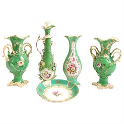 Coalbrookdale style porcelain scent bottle, the baluster form body encrusted with flowers, pair of 19th century twin handled vases, each hand painted with flower sprays, a similar vase H21cm and saucer (5)