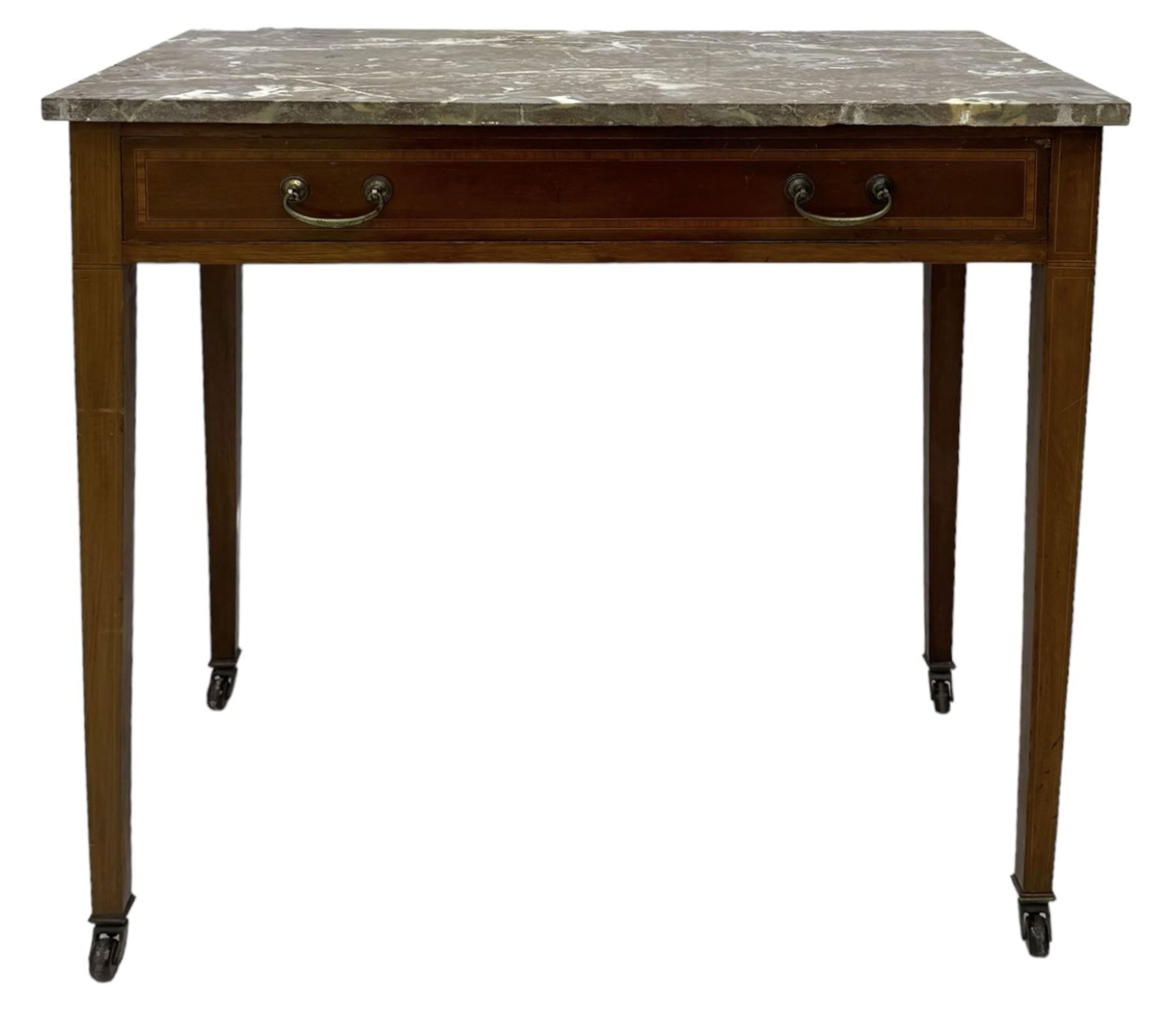 Edwardian inlaid mahogany wash stand or side table, variegated rouge marble top, fitted with single drawer with satinwood band, on square tapering supports with brass and ceramic castors  