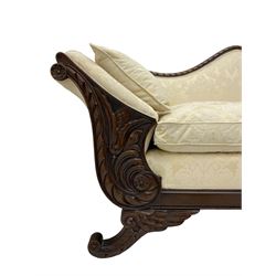 Victorian design walnut framed settee, shaped camelback with gadroon carved edge and central feather motif, upholstered in cream damask fabric with scrolling floral pattern, S-scroll arm facias carved with flower head and curled leaves, feather carved C-scroll splayed feet 