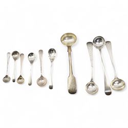 Four 19th century salt spoons and six small silver condiment spoons