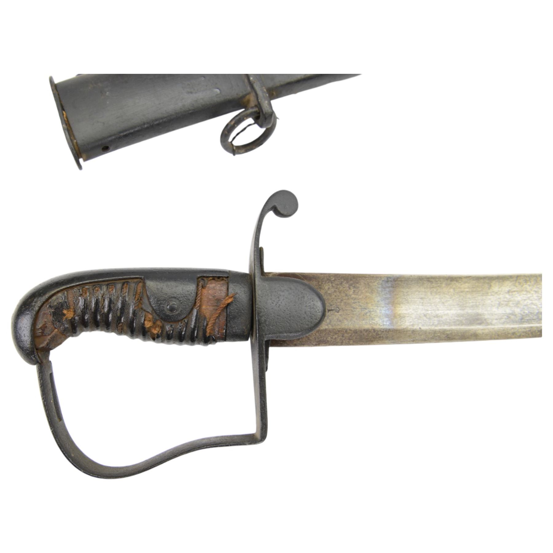 British 1796 pattern light cavalry troopers sword, single edge curved blade, ribbed leather grip, in steel scabbard, L98cm