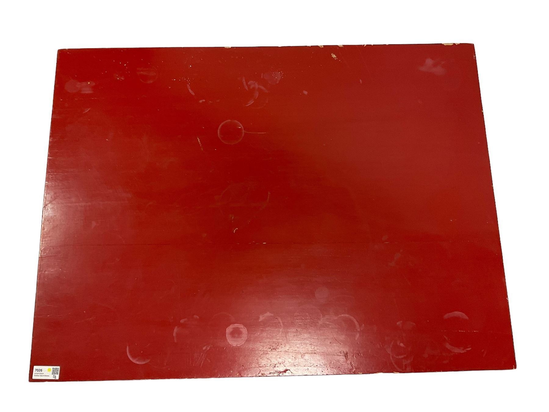 Chinese design red lacquered coffee table, rectangular form on square tapering supports, fitted with two drawers 