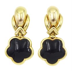 Pair of 18ct gold black onyx flower head pendant stud earrings, stamped 750