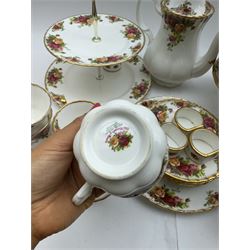 Royal Albert Old Country Roses pattern tea wares, comprising coffee pot, jug and sugar bowl, cake stands, napkin rings, teacups and saucers, side plates, dessert plates, small plates, all with printed marks beneath