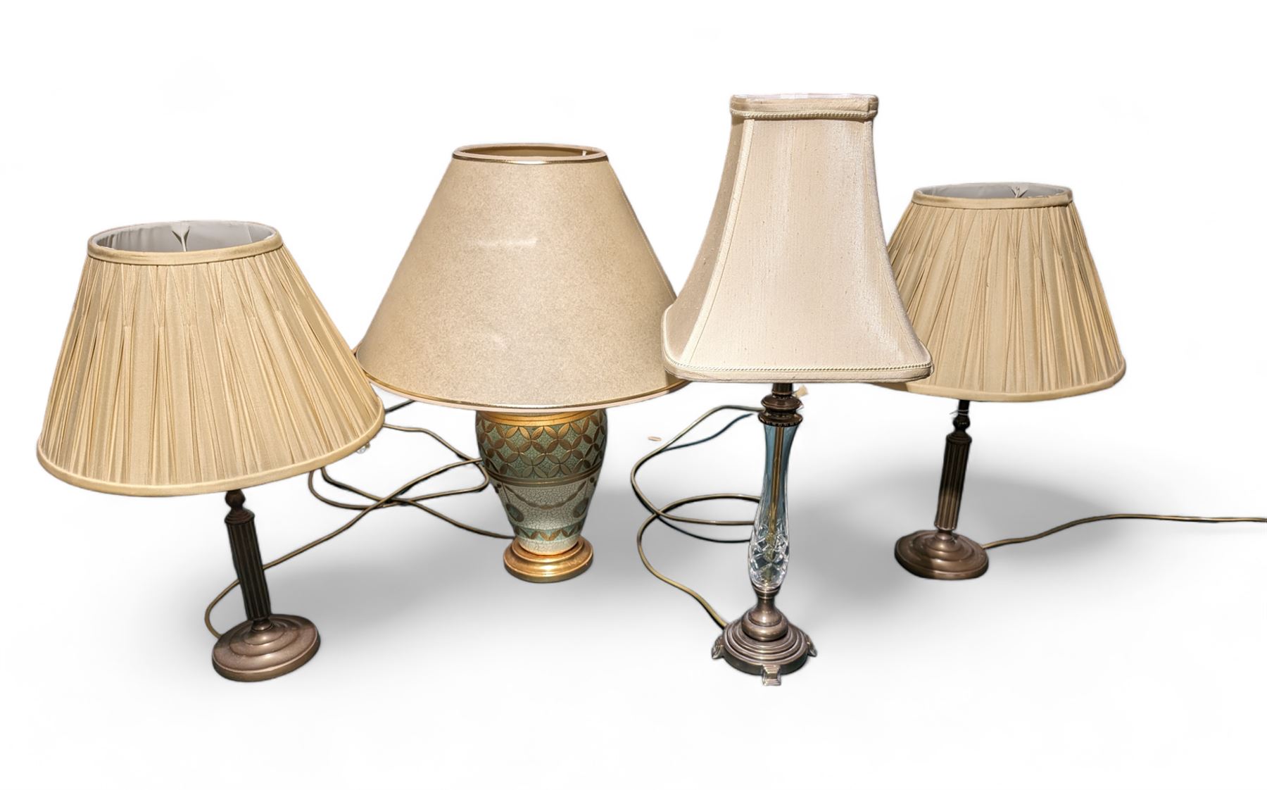 Pair of brass table lamps with cream pleated shades, together with two other table lamps