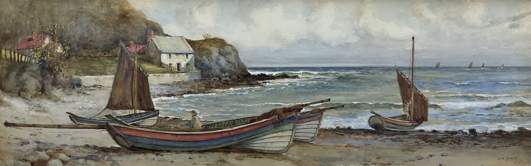 Walter Henry Sweet (British 1889-1943): Cobles at Runswick Bay, watercolour signed and dated 1907, 20cm x 61cm