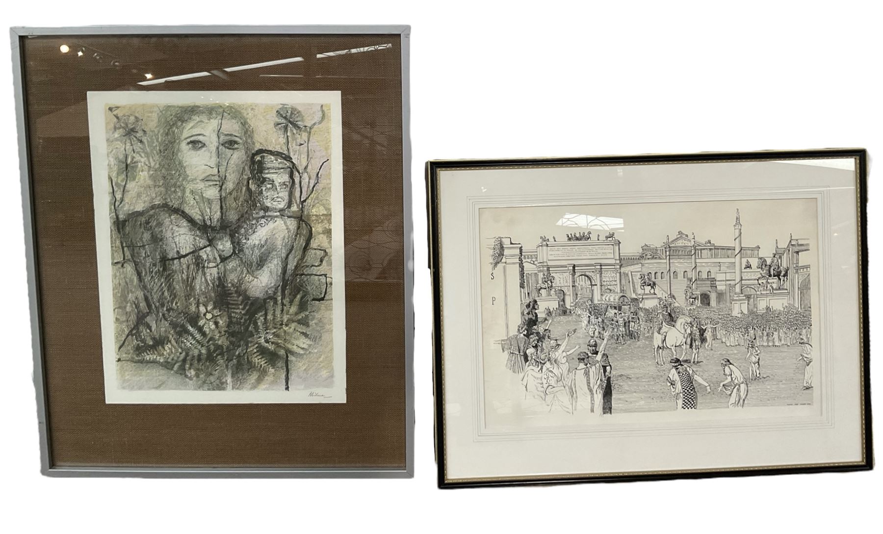 Thomas Cook (British 20th Century): Ancient Rome, pen and ink sketch signed and dated 1943, together with a Keith Michell print signed in pencil (2)