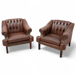 Pair of hardwood-framed club armchairs, upholstered in buttoned brown leather with studded...