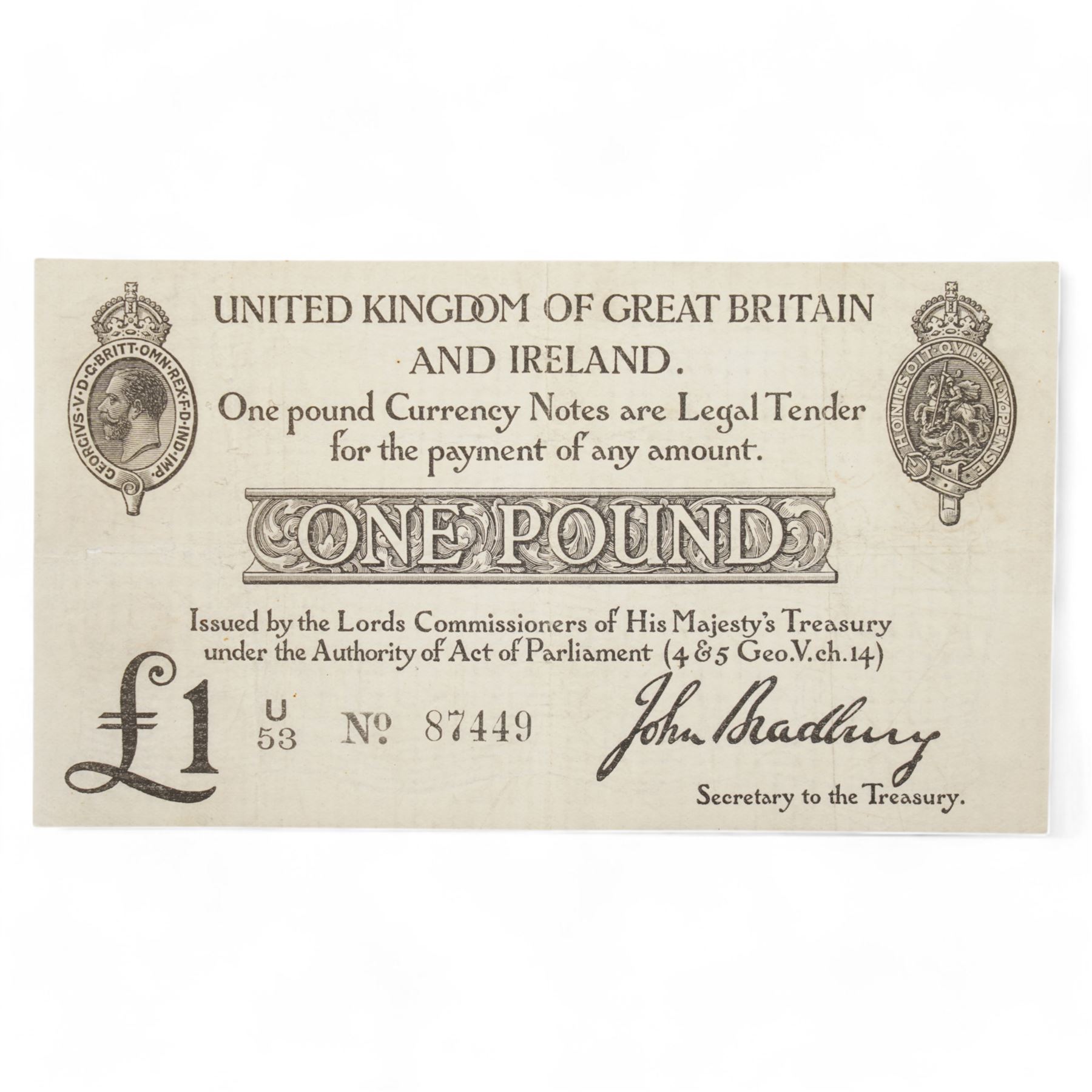 George V Bradbury second issue one pound banknote 'U53 No.87449'