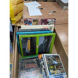 Railway and transport reference books, including several editions of Buses Year Book 1981-1992, in two boxes