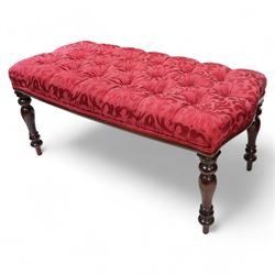 Victorian design mahogany footstool, rectangular form, the seat upholstered in red buttone...