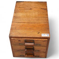 Edwardian inlaid mahogany drop-leaf Sutherland table (W61cm); pair of mahogany glazed wall hanging corner cabinets (W51cm); oak three drawer filing chest (W35cm); oak fire screen; cream finish standard lamp with floral shade; oak four tier bookcase (W56cm) (7)