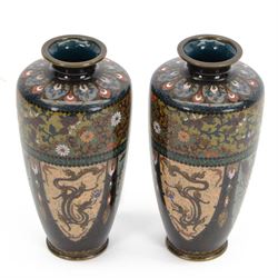 Pair of Japanese Meiji period cloisonne vases, of baluster form, decorated with dragons, e...