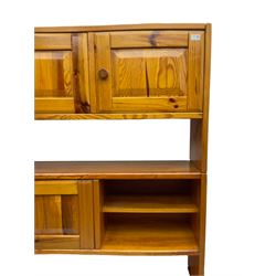 Mid-20th century pitch pine wall unit, fitted with assorted shelves and cupboards 