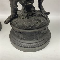 Pair spelter warriors, both with shields with a naturalistic ground and a plinth with relief decoration, H51cm