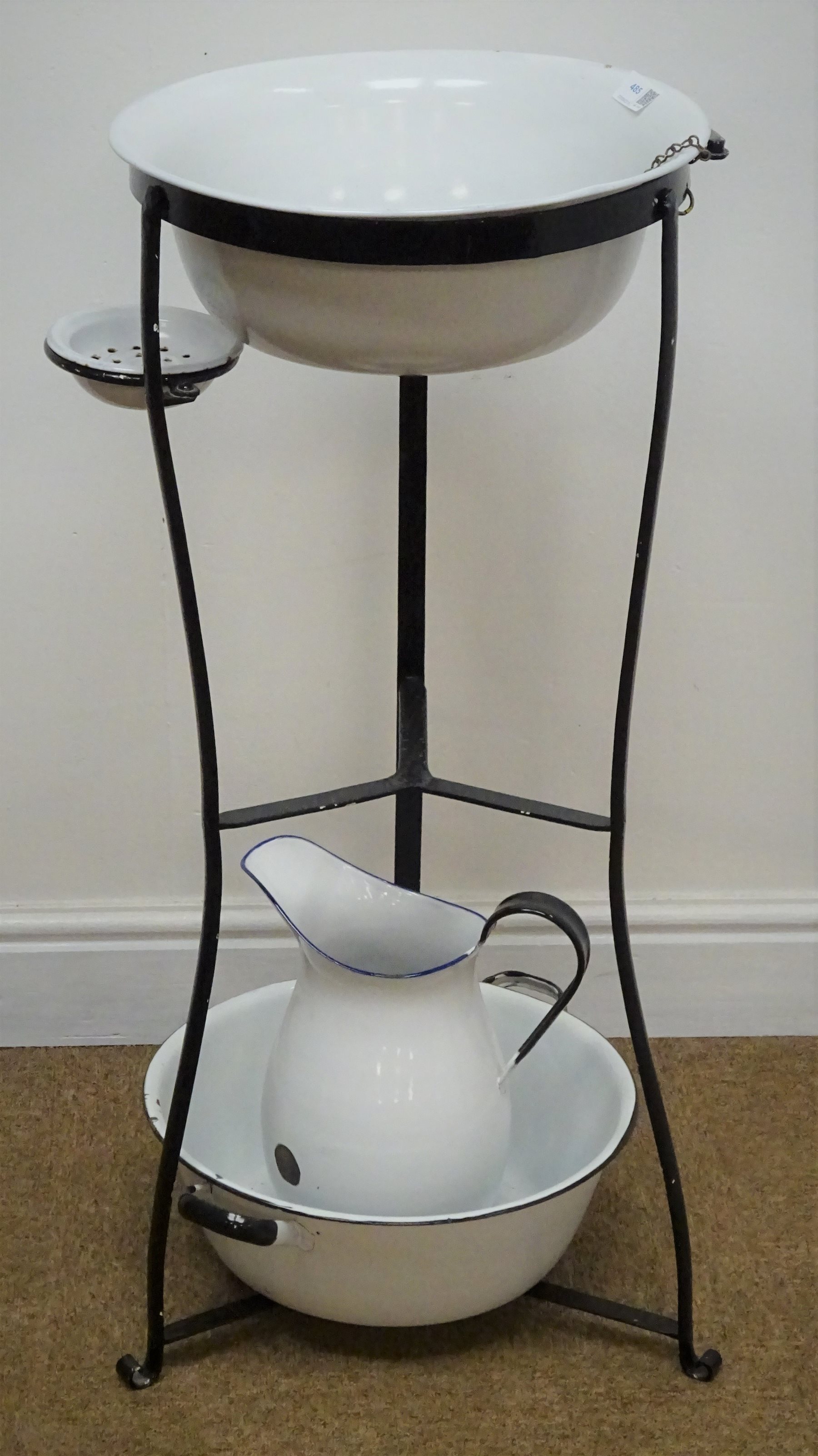 French style wrought metal wash stand with enamel basin, jug, bowl and ...