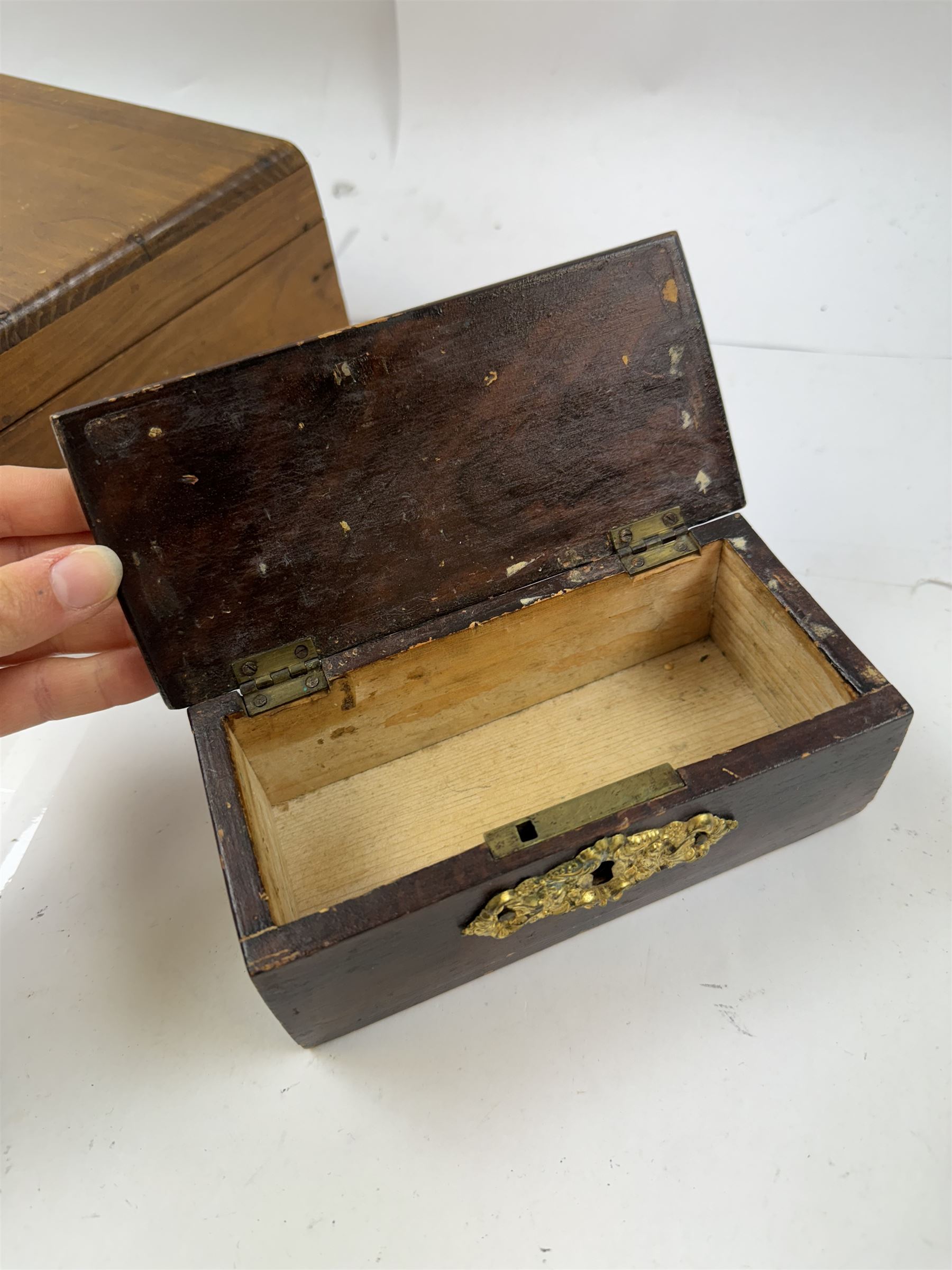 Group of wooden boxes and tins, including oak two compartment cigarette box, money tins, inlaid tea caddy, etc