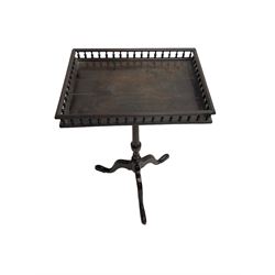 George III mahogany tripod table, rectangular galleried top on turned stem, three splayed supports