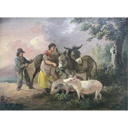 Julius Caesar Ibbetson (British 1759-1817): Children with Donkeys and Pigs, oil on panel unsigned, printed label verso 12cm x 16cm