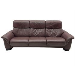 Ekornes Stressless - three-seat sofa upholstered in chocolate brown leather, with high backrests, cushioned headrests, and manual reclining mechanism (L248cm, D84cm, H102cm); with matching two-seat sofa (L184cm, D84cm, H102cm)