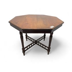 Late Victorian oak octagonal occasional table, raised on four turned supports united by sp...