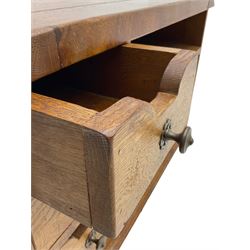 John Lewis - 'Bergerac' oak television stand, rectangular plank top over three drawers with cut-out handles to the left and open shelving to the right, on square supports with slanted edges