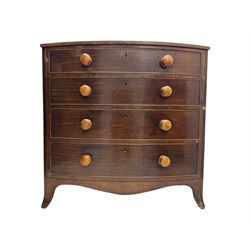 Victorian mahogany bow-fronted chest, fitted with four long graduating cock-beaded drawers, shaped apron on splayed bracket feet