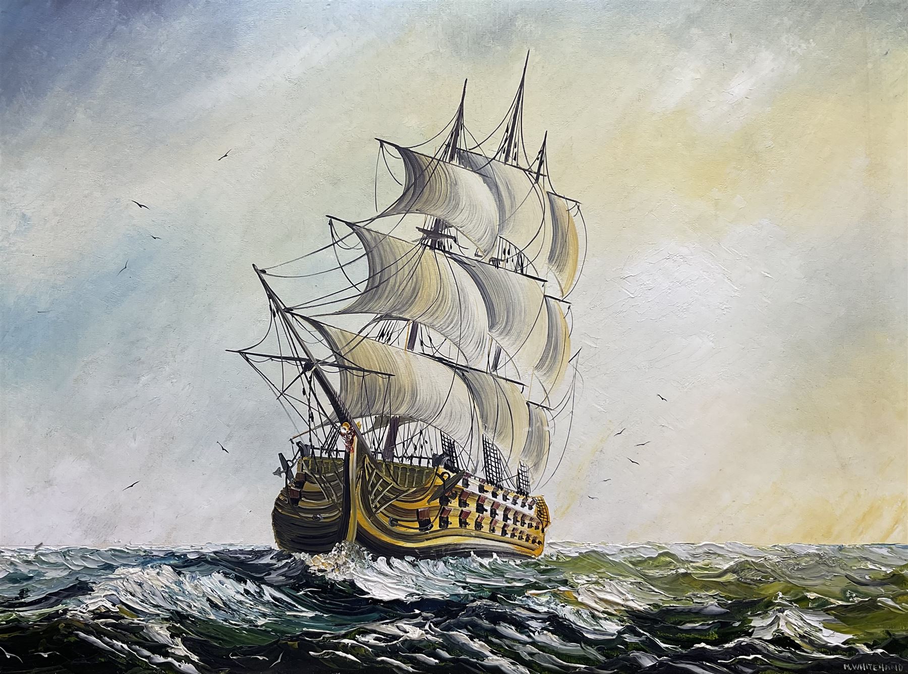 Michael J Whitehand (British 1941-): Sailing Ship in a Choppy Sea, oil on board signed 43cm x 58cm