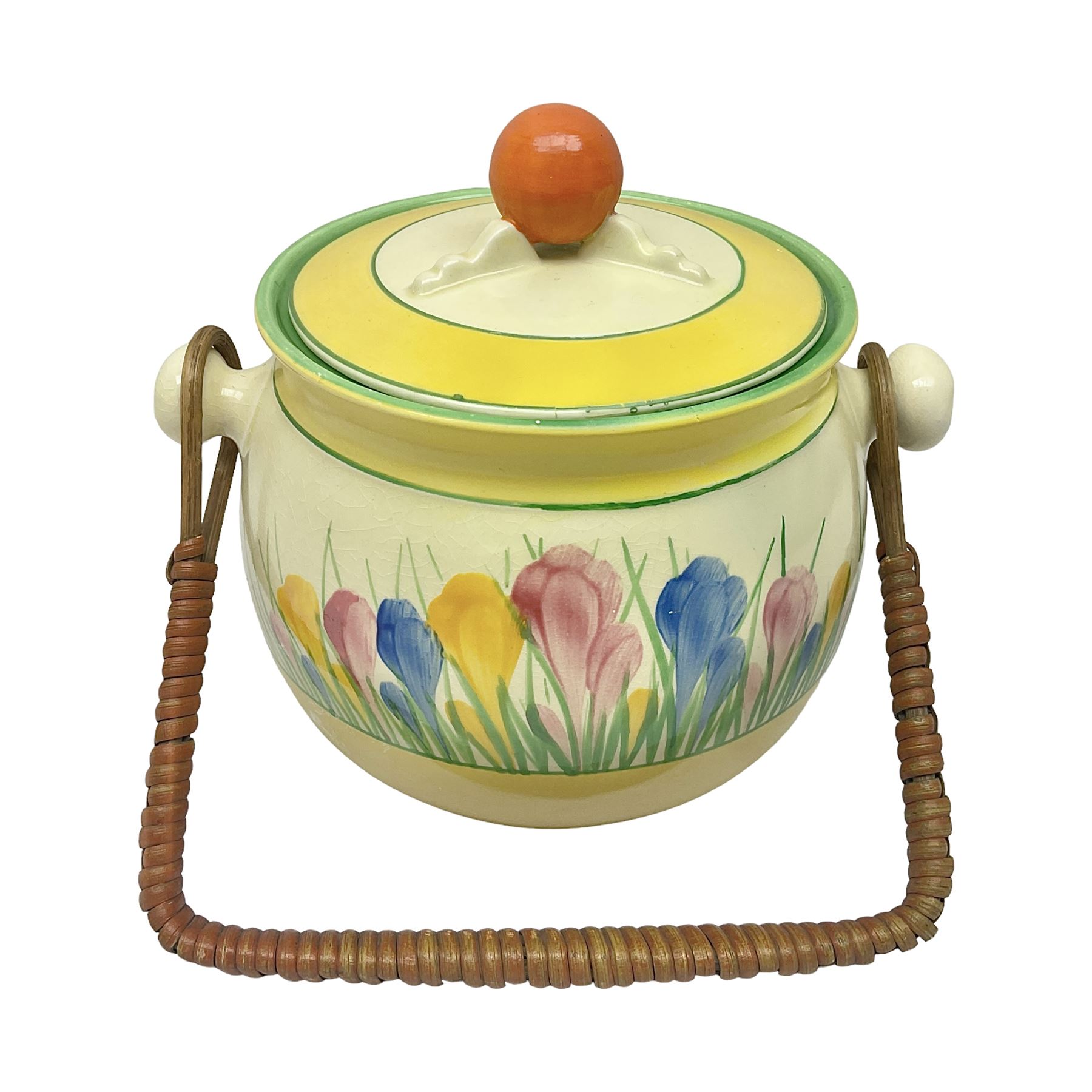 Clarice Cliff for Royal Staffordshire/Newport pottery, biscuit barrel with cover in Sungleam Crocus pattern, H16cm 