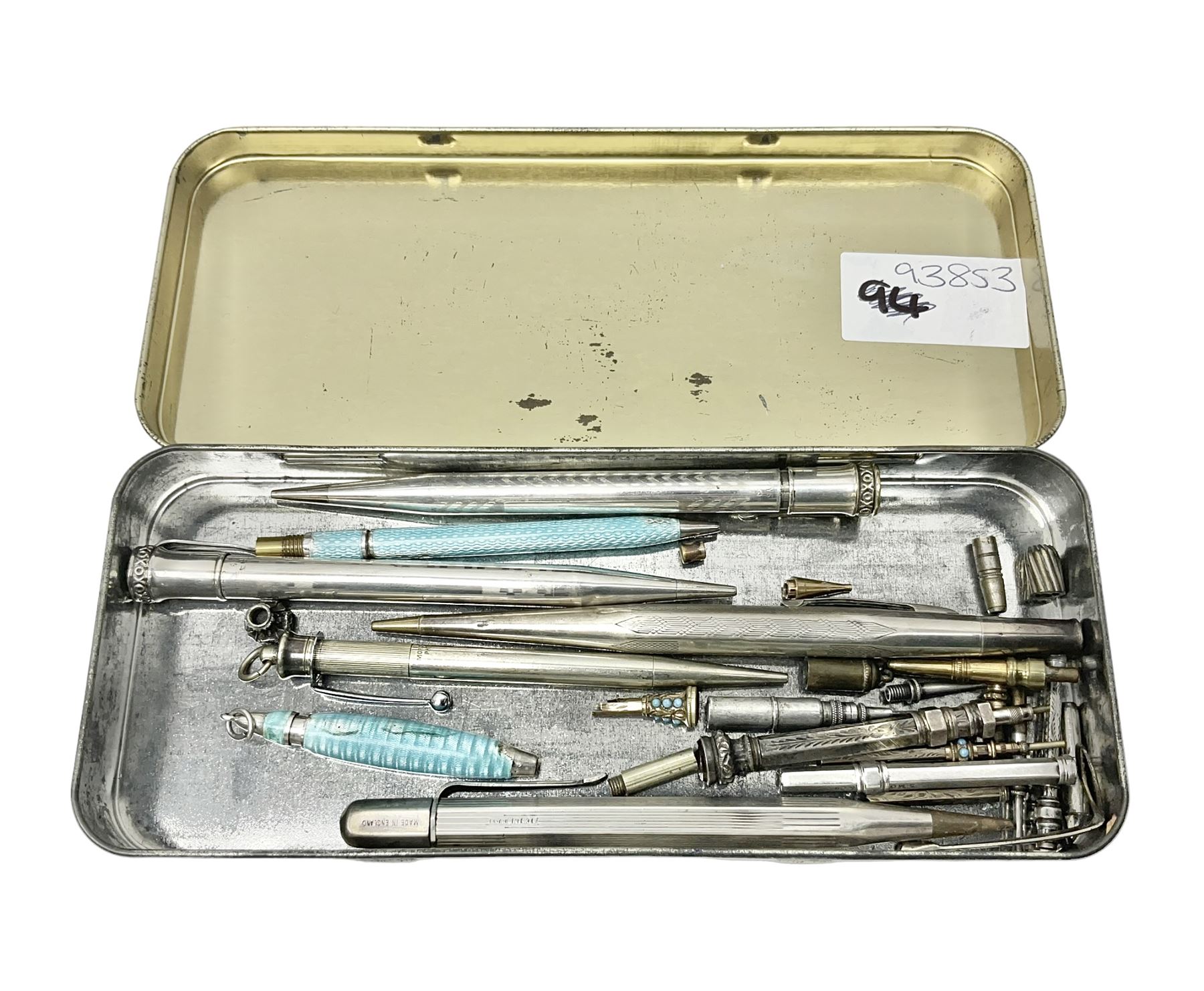 Collection of silver and other propelling pencils, including guilloche enamel example and oddments 