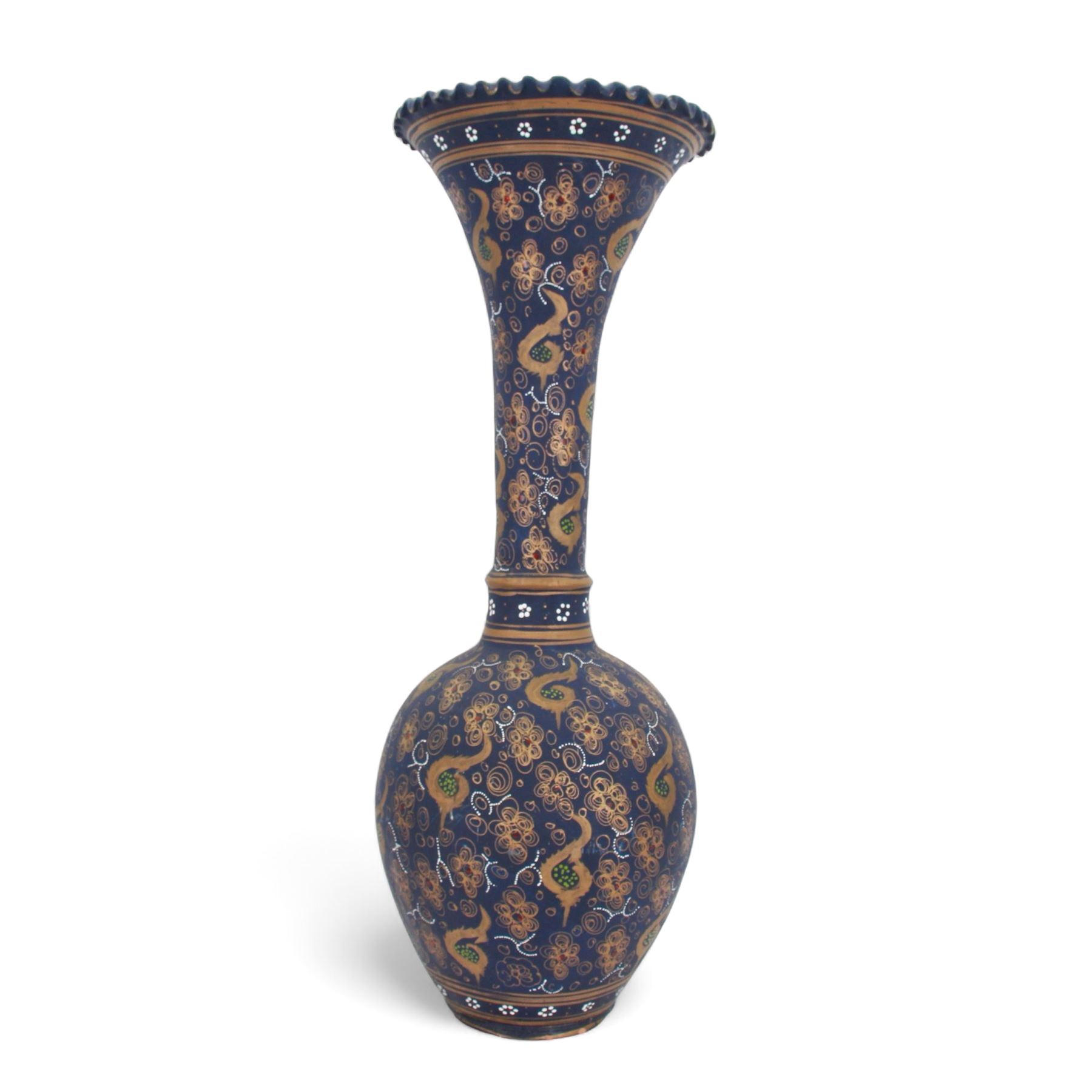 Large and unusual terracotta floor vase, of ovoid form with tall flared neck with frilled rim, decorated with stylised foliate motifs in gilt upon a dark blue ground, H89cm