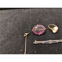 9ct gold cameo ring, silver paste set brooch, gold stone set stick pin. paste brooch and one other ring