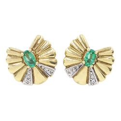 Pair of 9ct gold emerald and diamond fan design stud earrings, London 1992