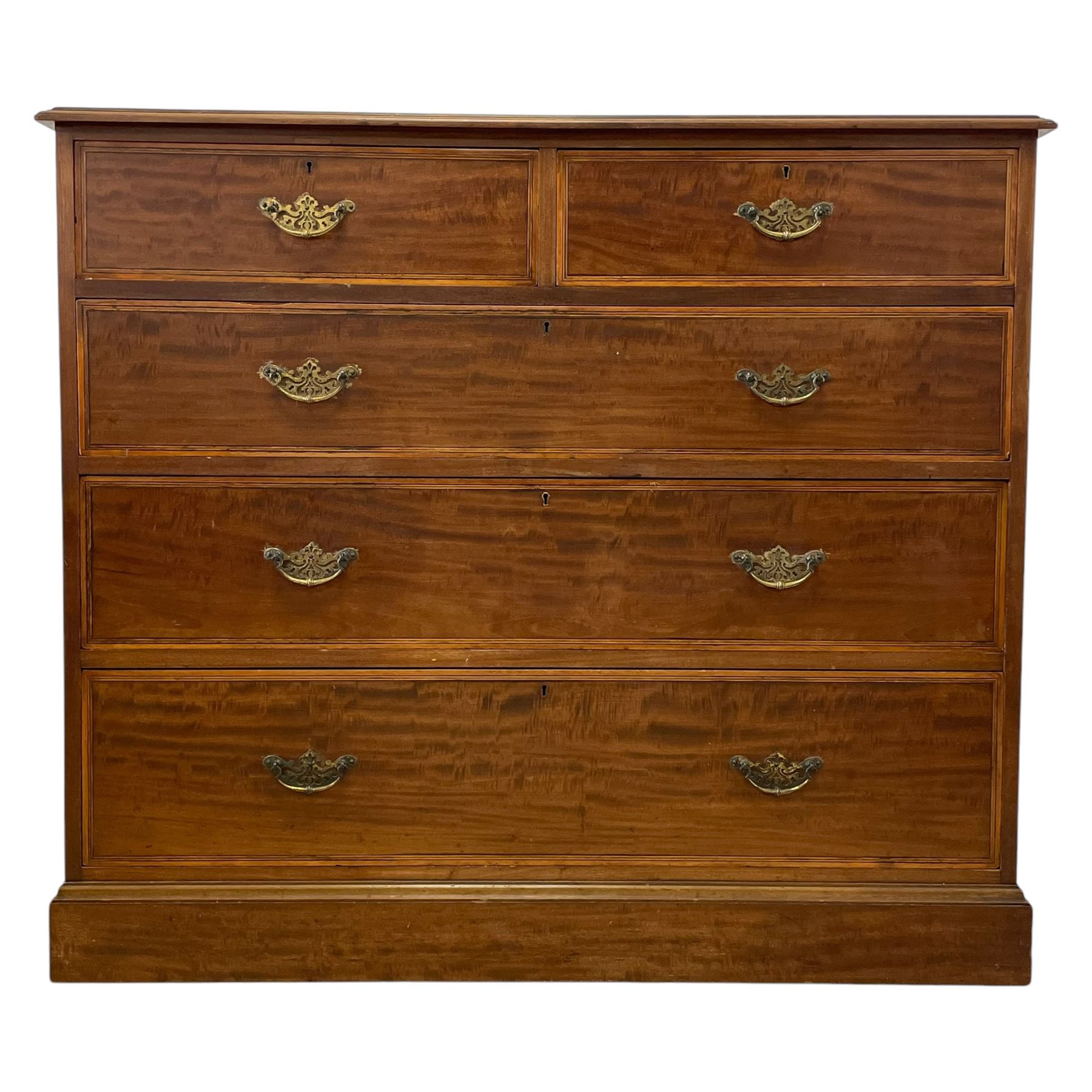 Late Victorian mahogany chest, moulded rectangular top over two short and three long graduating drawers, the drawer fronts inlaid with satinwood bands, boxwood and ebony stringing, on moulded plinth base 