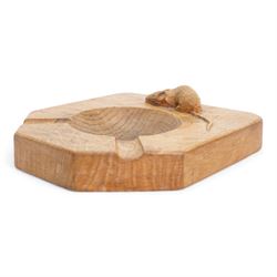 Mouseman - unusually large oak ashtray, rectangular form with canted and rounded corners, carved with mouse signature, possibly for a cigar, by the workshop of Robert Thompson, Kilburn, 15.5cm x 14cm