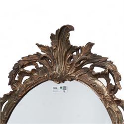 Florentine design gilt framed mirror, the pediment decorated with curled acanthus leaves over scalloped and pierced shell frame, plain oval mirror plate 