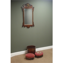  George III style mahogany and gilt framed wall mirror, (W51cm, H94cm), a brass bound bucket and two miniature stools  