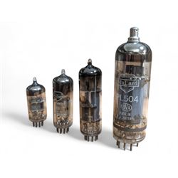 Collection of Mullard thermionic radio valves/vacuum tubes, mostly bubble wrapped and identified with lists